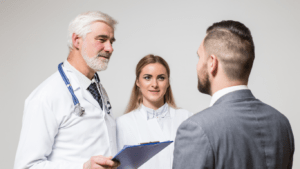 a imagem mostra um médico de cabelos brancos, muito atencioso, conversando com o paciente, que é um homem de terno e cabelos negros. O médico está falando sobre a importância dos 3 pilares estratégicos da Experiência do Paciente.